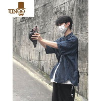 YANXU深蓝色正肩牛仔衬衫短袖男日系风格穿搭薄款外套痞帅设计感七分袖