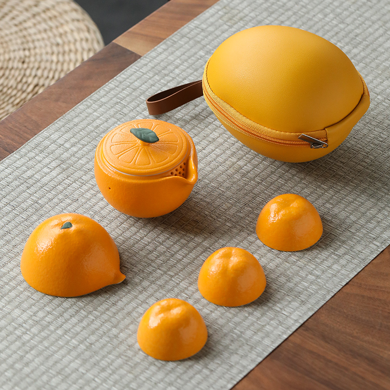 苏氏陶瓷(SUSHI CERAMICS)旅行茶具 心想事橙便捷功夫茶具套装 陶瓷快客杯带便携旅行包