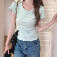 纯色正肩上衣V领T恤女短袖高腰显瘦减龄修身短款辣妹纯欲风T恤潮