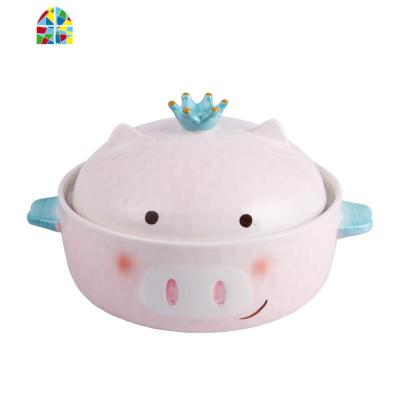 可爱粉色小猪陶瓷泡面碗皇冠带盖日式女学生宿舍方便面碗家用大号 FENGHOU 泡面碗小灰兔+支架(送同款勺子