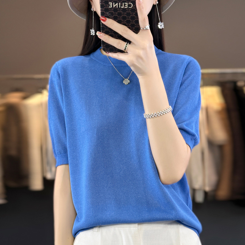 薄款鎏金沙亚麻短袖T恤女夏季新款时尚百搭圆领冰丝半袖女