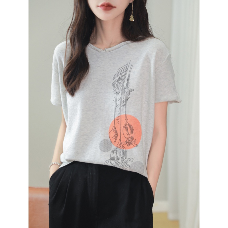 春夏新款全棉线V领卷边印花T恤宽松休闲女士纯色套头针织半袖