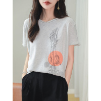 春夏新款全棉线V领卷边印花T恤宽松休闲女士纯色套头针织半袖