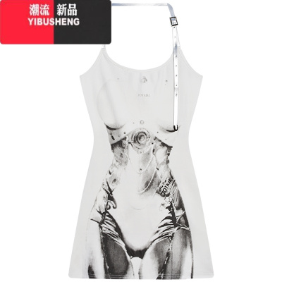 YIBUSHENG辣妹性感印花短裙子气质挂脖吊带连衣裙设计感2024新款收腰季女