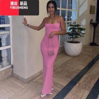YIBUSHENG欧美ins时尚纯色高级感吊带连衣裙卡戴珊同款修身包臀拖地长裙