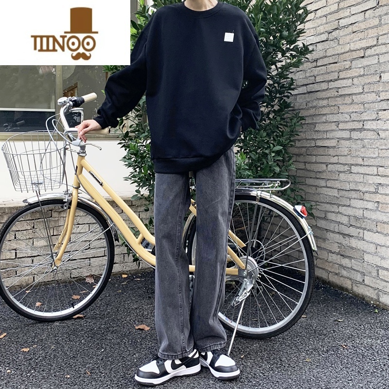 YANXU直筒宽松港风阔腿九分裤子男ins潮流垂感烟灰色做旧牛仔裤男