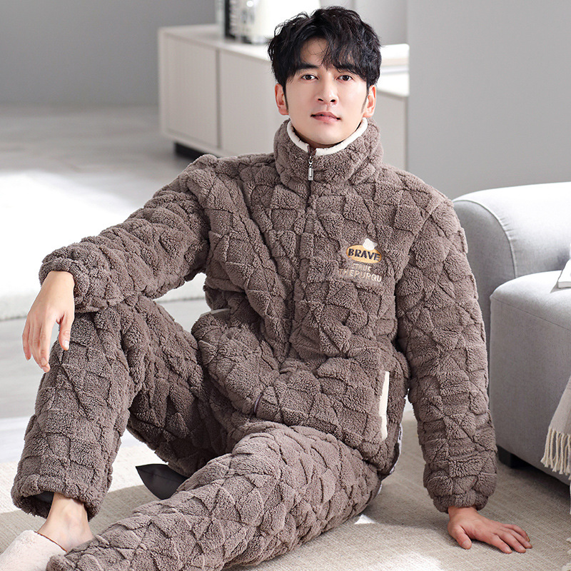 睡衣男冬季加绒加厚三层夹棉法兰绒家居服套装珊瑚绒保暖外穿冬款