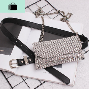 2019新款 网红ins超火个性水钻闪钻链条斜跨单肩女带装饰腰包NEW LAKE 黑色女斜挎包 黑色