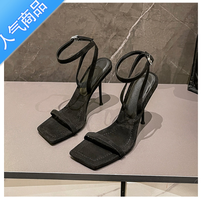 SUNTEK2022年夏季新款方头小众一字带凉鞋高跟鞋女细跟黑色绒面露趾百搭