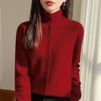 半高领镂空钩花针织开衫女春秋季新款柔软亲肤绒纯色毛衣外套上衣