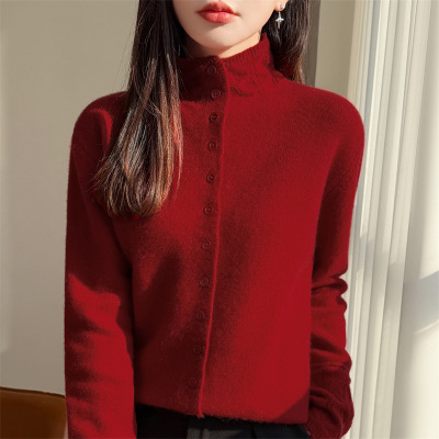 半高领镂空钩花针织开衫女春秋季新款柔软亲肤绒纯色毛衣外套上衣