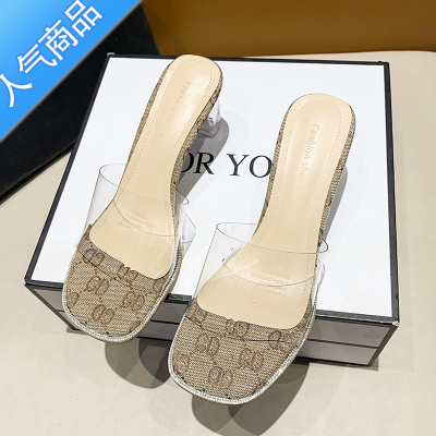 SUNTEK2023夏季新款网红百搭粗跟外穿一字拖水晶跟水钻女鞋高跟凉拖鞋女