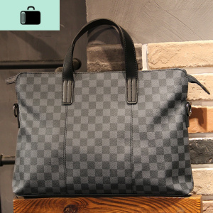 韩版办公包男士手提包单肩斜挎包时尚潮流格子电脑包公文包文件包NEW LAKE 黑色 黑色