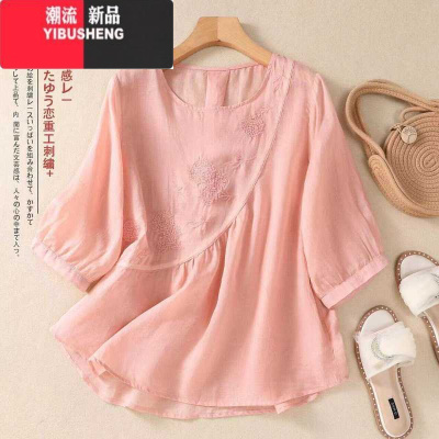 YIBUSHENG90-300斤大码新款T恤季新款文艺复古刺绣衫宽松圆领棉麻上衣女