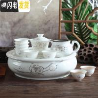 三维工匠潮州10寸陶瓷青花瓷骨瓷客厅家用4人整套圆形功夫茶具带茶盘套装 10寸白金玫瑰(非礼盒包装) 11件