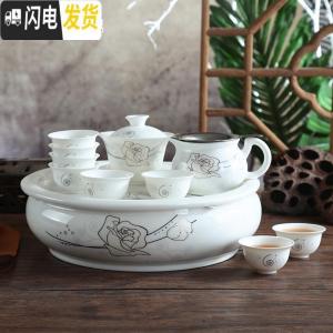 三维工匠潮州10寸陶瓷青花瓷骨瓷客厅家用4人整套圆形功夫茶具带茶盘套装 10寸白金玫瑰(非礼盒包装) 11件