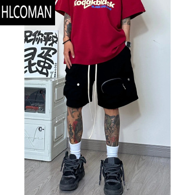 HLCOMANins嘻哈高街美式纯色抽绳工装拉链口袋短裤男 夏季宽松痞帅五分裤