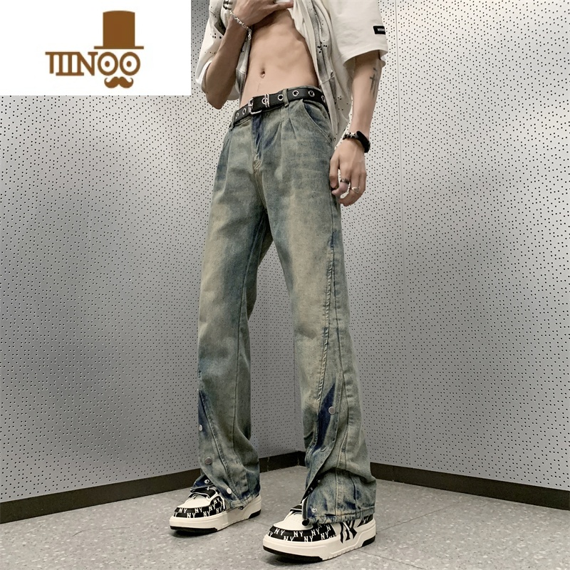 YANXU美式高街hiphop潮牌牛仔裤男宽松直筒水洗做旧排扣设计感微喇裤子