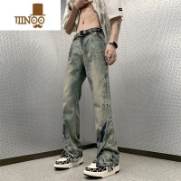 YANXU美式高街hiphop潮牌牛仔裤男宽松直筒水洗做旧排扣设计感微喇裤子