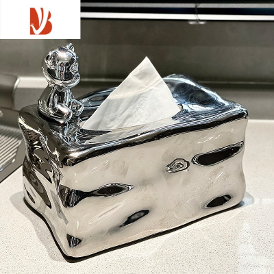 三维工匠陶瓷纸巾盒客厅轻奢抽纸盒家用烟灰缸套装创意茶几收纳盒 银色冰川纸巾盒[小熊款]