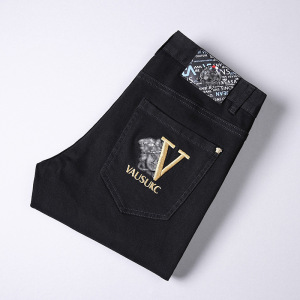 意大利高端牛仔裤男士春夏季薄款修身小脚裤潮牌深蓝色休闲长裤子