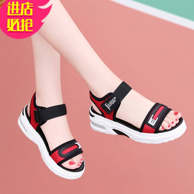 金三志运动凉鞋女士平底鞋坡跟2021新款红色时尚百搭夏天厚底气垫松糕鞋休闲鞋