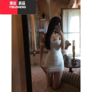 YIBUSHENGP1usoneq性感白色一字肩包臀短裙女小众显瘦高级感收腰无袖连衣裙