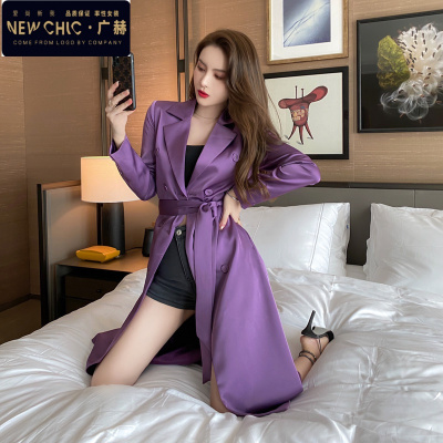 广赫欧洲站风衣女中长款春秋御姐气质收腰紫色高端英伦风过膝大衣外套风衣