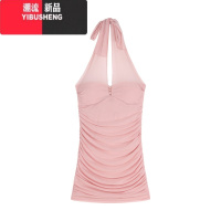 YIBUSHENG纯欲风性感露背挂脖连衣裙女季粉色褶皱短裙显身材收腰包臀裙子