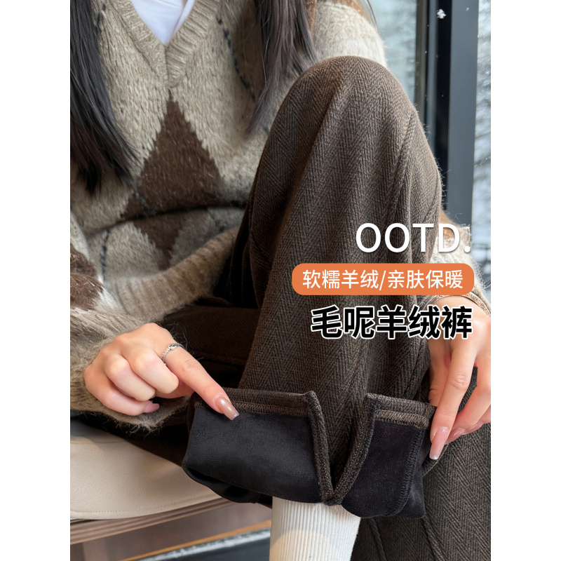 棕色毛呢阔腿裤女秋冬季加绒人字纹羊毛裤小个子直筒窄版阔腿裤子