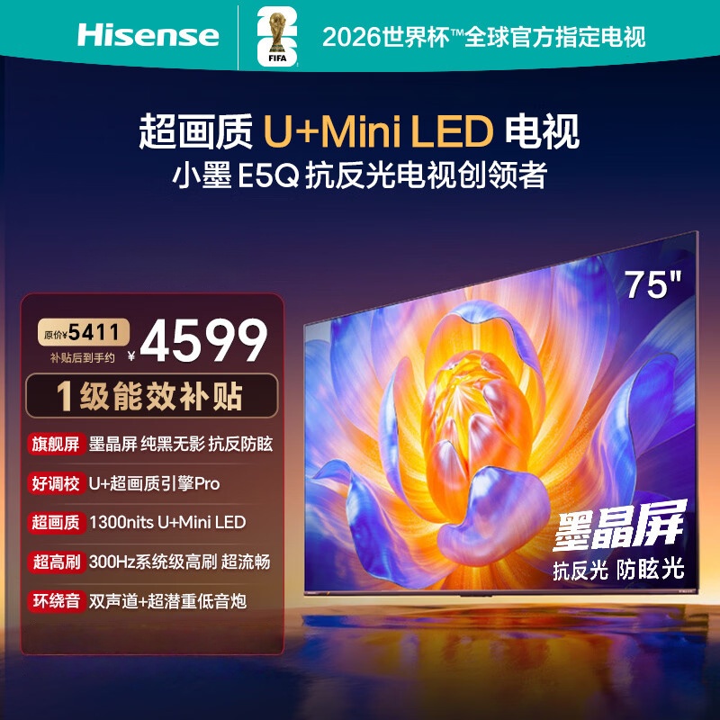 海信电视小墨 75E5Q 75英寸 超画质U+Mini LED 墨晶屏 300Hz高刷 DeepSeek AI智能