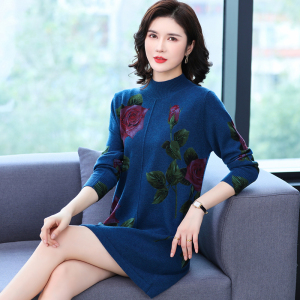 山羊绒衫女中长款高端新款春秋毛衣裙厚打底针织羊毛连衣裙女士半高领套头毛衣宽松连衣裙毛衣大码毛衫针织打底衫