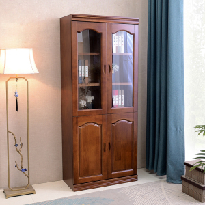 青木川 实木书柜书架落地带玻璃门带锁小户型 两门三门五门办公室文件柜客厅书房家用书橱收纳储物柜展示柜 中式