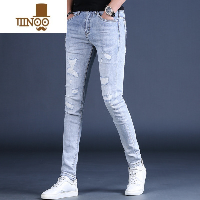 YANXU2023夏季新款蓝色破洞牛仔裤男潮牌修身潮流休闲小脚裤子韩版浅色