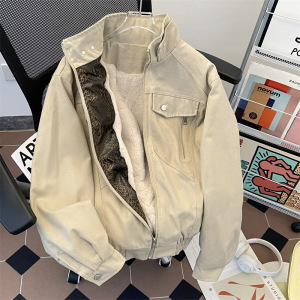 冬季新款立领棉衣男士PU皮夹克外套宽松加绒加厚男女同款百搭外套