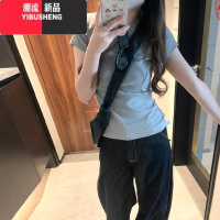 YIBUSHENG美式复古灰色正肩短袖T恤女季2024款辣妹修身显瘦内搭打底上衣