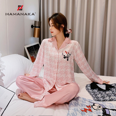 HAMANAKA睡衣女新款时尚女士印花宽松仿真丝家居服套装休闲舒适睡衣可外穿两件套套装