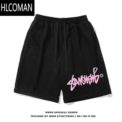 HLCOMAN美式高街字母印花抽绳五分裤男夏季潮牌宽松休闲百搭直筒运动短裤