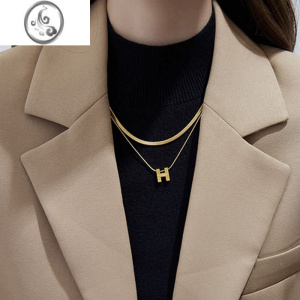 JiMi高级感轻奢小众双层叠带字母H项链女锁骨链2022年新款毛衣链配饰 金色