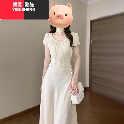 YIBUSHENG法式气质连衣裙子女2024新款高端精致提花收腰简单大方显瘦长裙