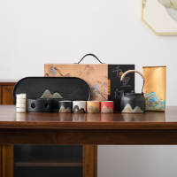 苏氏陶瓷(SUSHI CERAMICS)手绘釉画彩千里江山四色杯温茶套装干泡盘禅黑文创伴手礼套组