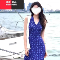 YIBUSHENG小个子气质挂脖无袖碎花吊带连衣裙子女季2024新款法式露背长裙