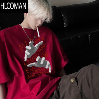 HLCOMAN酒红色正肩t恤欧美街头潮牌短袖男生高街美式情侣七分袖
