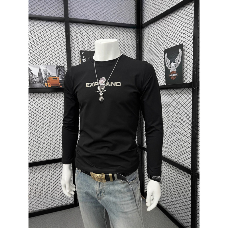 欧货秋季新款打底衫圆领长袖T恤休闲百搭潮流印花男上衣修身青年