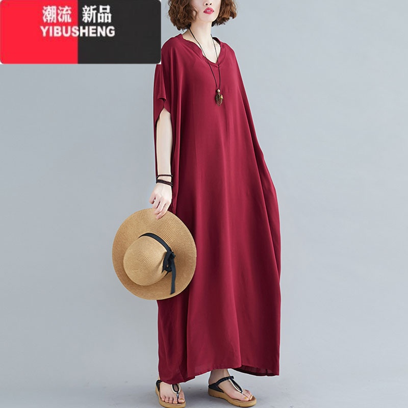 YIBUSHENG季大码女装波西米亚V领棉质棉绸垂感长裙子纯色袍子宽松连衣裙