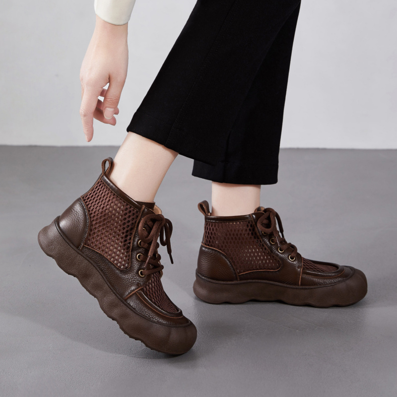 2026春夏新款真皮厚底网面凉靴女镂空洞洞罗马凉鞋牛皮平底短靴子