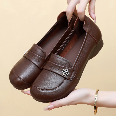 小皮鞋女秋圆头中口平底鞋复古风一脚蹬乐福鞋头层牛皮四季鞋