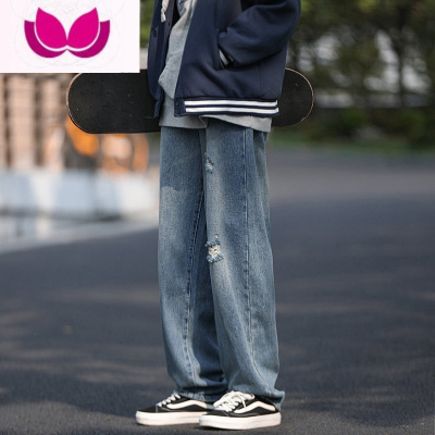 七斓日系复古水洗做旧破洞牛仔裤男夏季宽松直筒阔腿休闲乞丐长裤Y