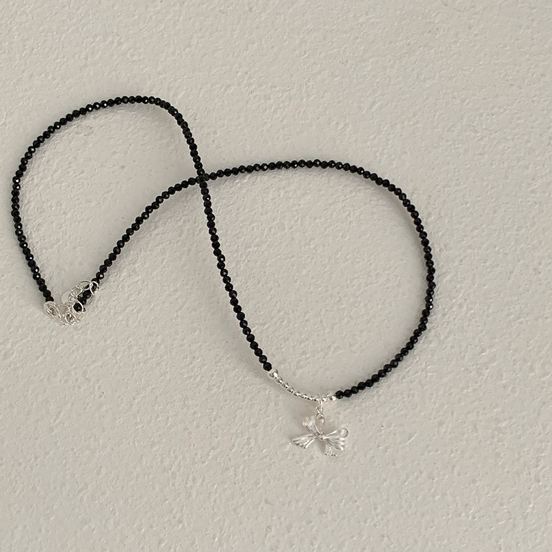 s925纯银黑尖晶蝴蝶结吊坠项链高级感轻奢小众叠戴毛衣链配饰送女朋友老婆情人节七夕生日礼物