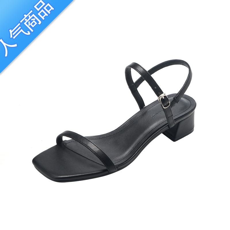 SUNTEK韩版一字扣带方头粗跟百搭凉鞋女2023夏季新款低跟简约网红晚晚鞋